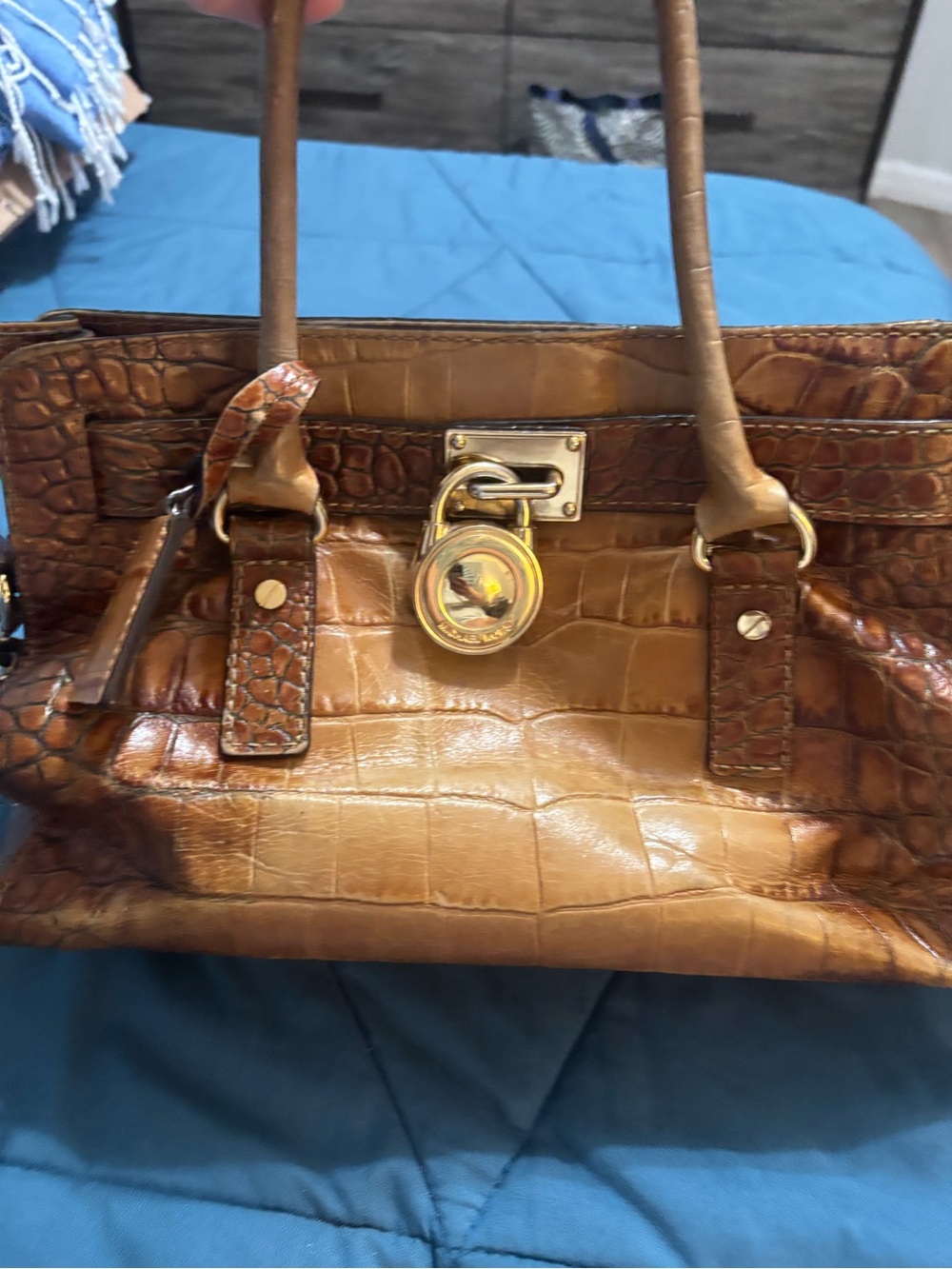 MK Croc-Embossed Brown Satchel with Gold Accent